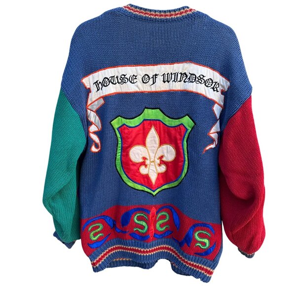 NO! Jeans Vintage 90s 80s Embroidered Knit Linen Cardigan House Of Windsor Crest - Picture 5 of 15
